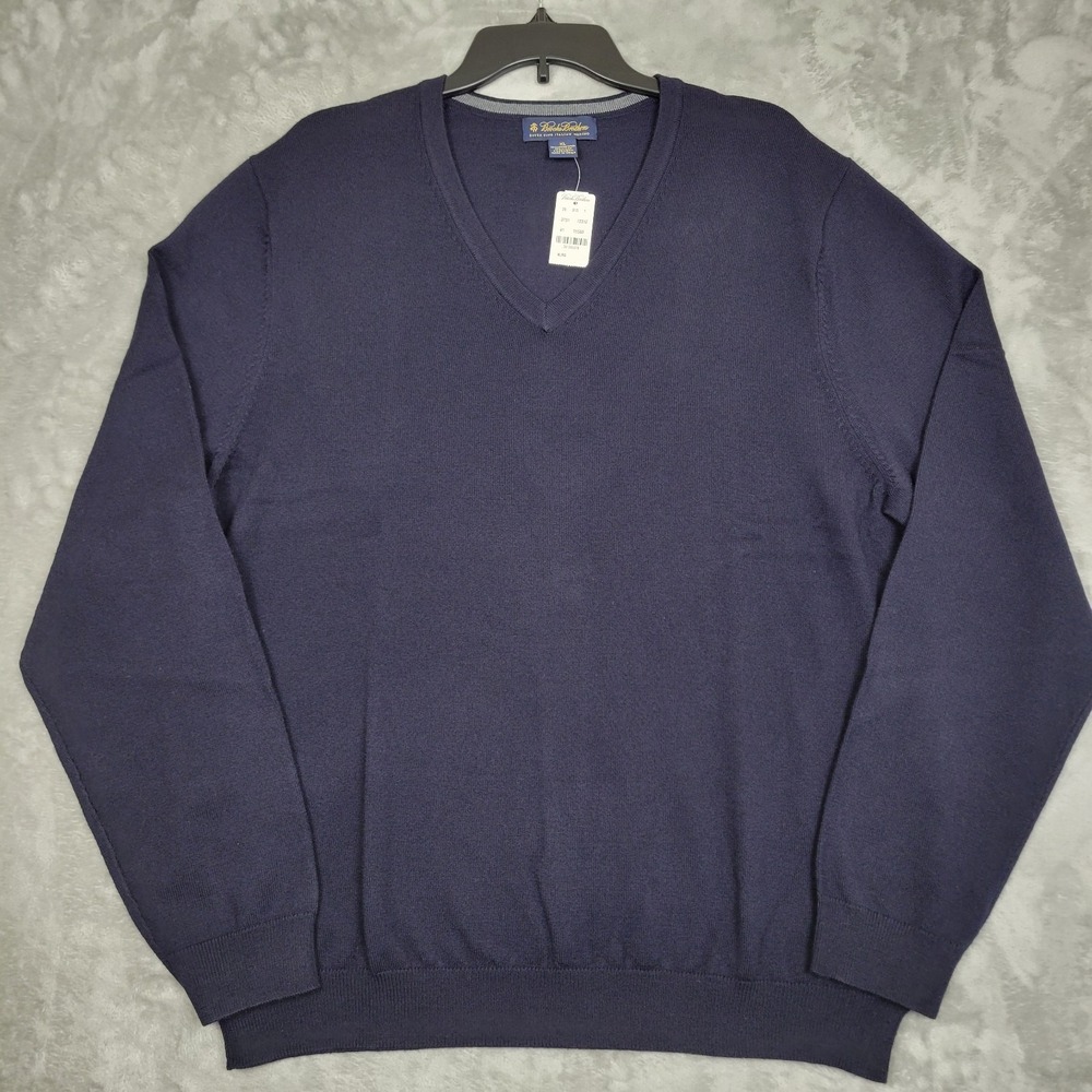 Brooks Brothers Men's XL Navy Blue Extra Fine Merino Wool V Neck Sweater (NWT)